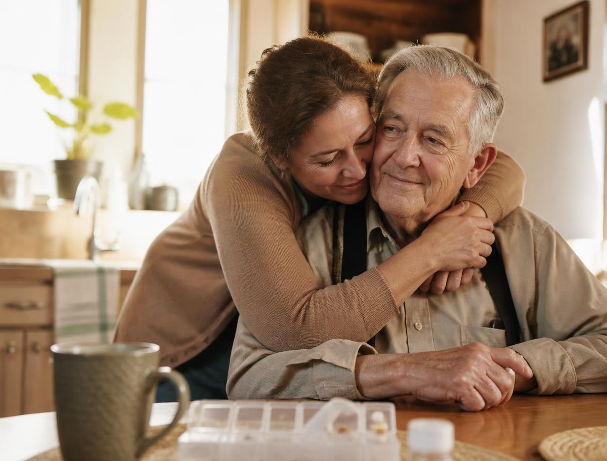 An adult daughter embracing her elderly father at the kitchen table