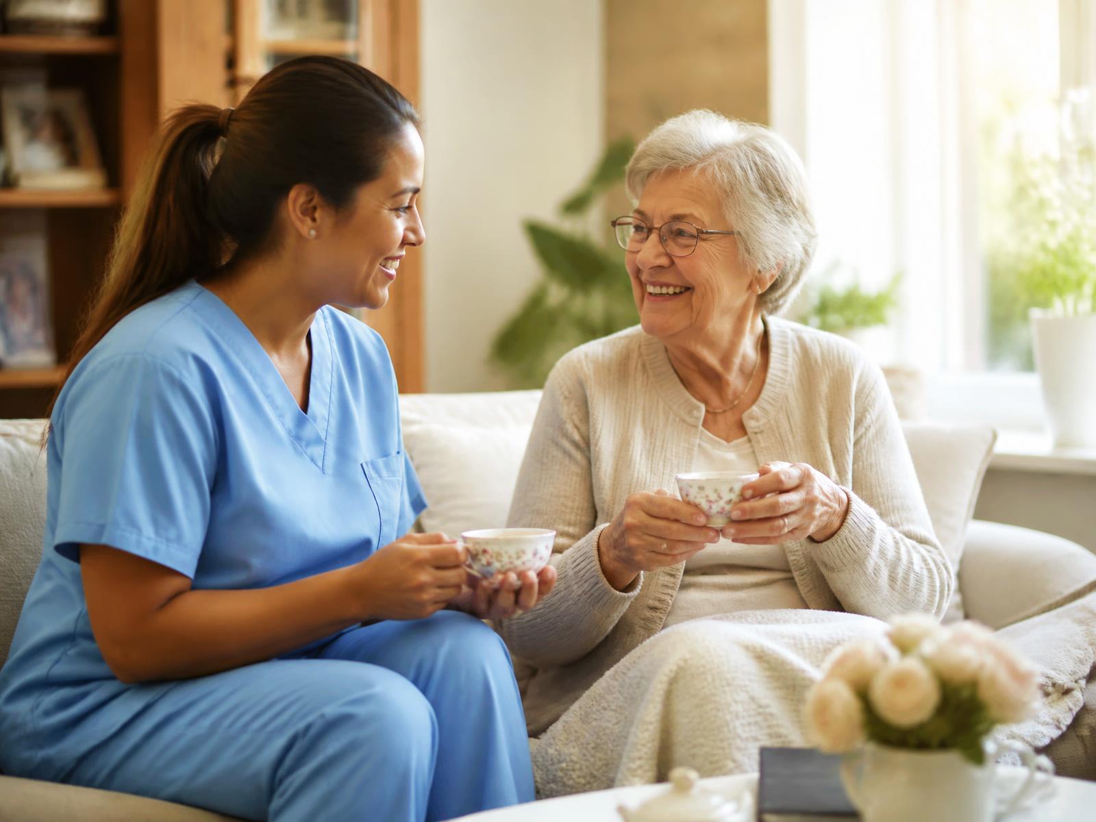 A home health aide sharing tea with a smiling senior woman in her living room